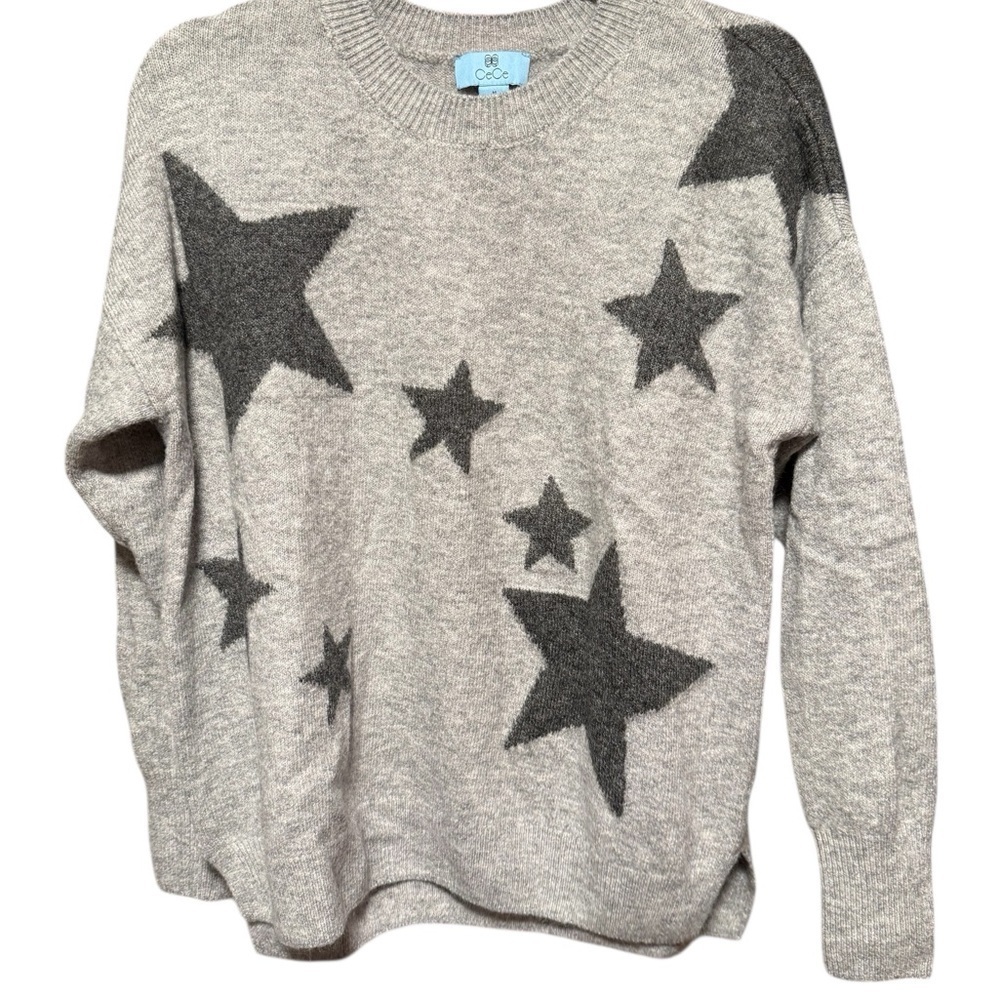 CeCe Star Print Knit Sweater | Gray | Size M | Cozy Classic
